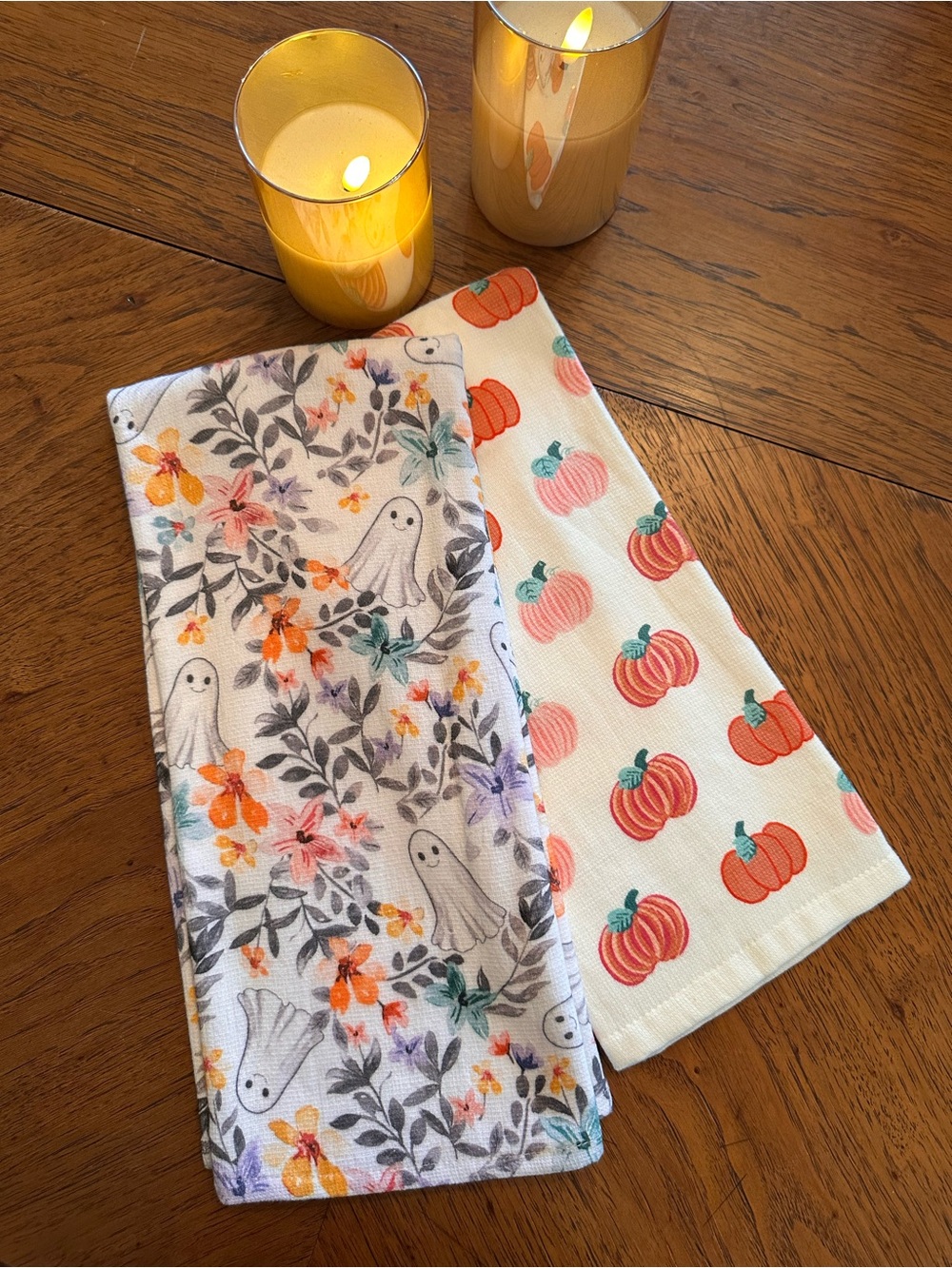 Halloween Kitchen Towels Set of 2 Ghost Floral Pumpkins Cottagecore Fall